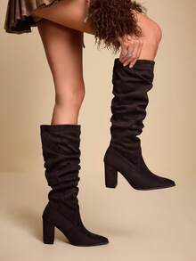 Daringsoles Women's Fashion Commuter Chunky High Heel Knee-High Boots For Christmas - Coffee Brown - View 9