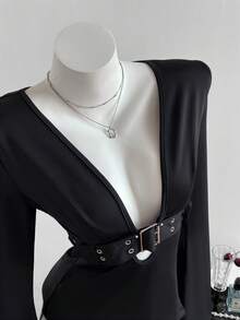 Elamini Áo thun dài tay thiết kế lỗ khóa màu trơn phong cách Y2K Gyaru dành cho nữ, áo đi chơi, áo dự tiệc - màu đen - Xem 5