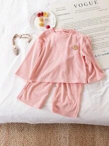 Girls Casual Round Neck Long Sleeve Top And Loose Fit Pants Pajama Set Winter Young Girls Sets Girl Sleep Wear Pajamas Set Two Piece 2pcs Set Toddler Girls Young Girl Cute Sets Sleep Wear Kids Girls Unisex Long Pajama Sets Kids Loungewear Girls Comfy Set - Pink - View 1