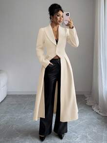 Rafferiza Áo khoác Maxi dáng chữ A xẻ tà phía trước, eo thắt thanh lịch cổ điển dành cho nữ, Thu/Đông - Màu be - Xem 4