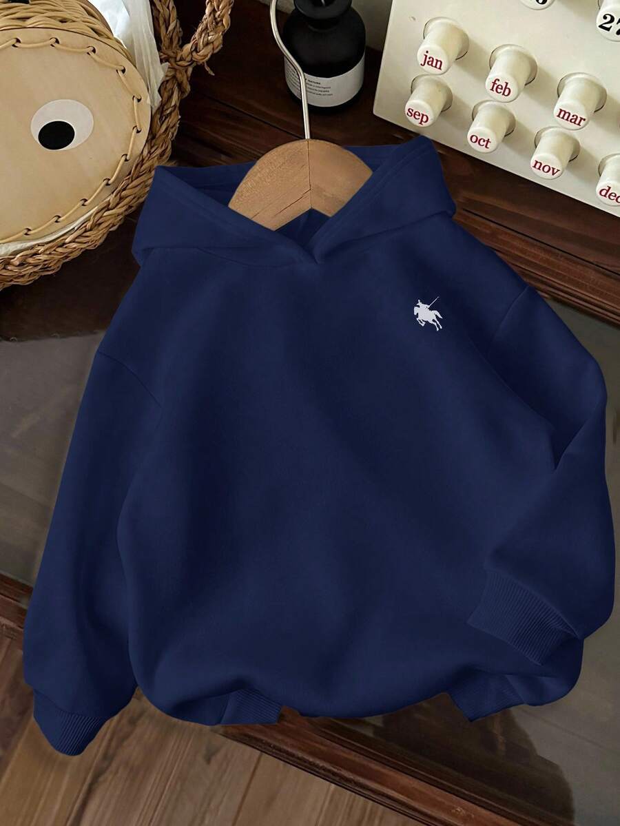 SHEIN Leap Crew 秋冬季少女马匹刺绣连帽卫衣 - 藏蓝色 - 查看 1