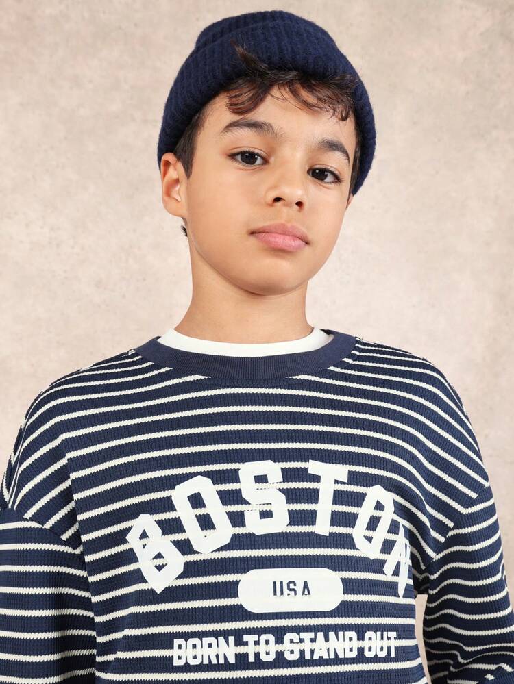 Langärmliges, gestreiftes Waffelshirt mit Boston-Motiv