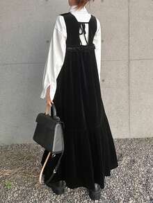 FRIFUL 女士纯黑色无袖露背镂空系带褶皱荷叶边连衣裙，秋冬长款连衣裙 - 黑色 - 查看 1