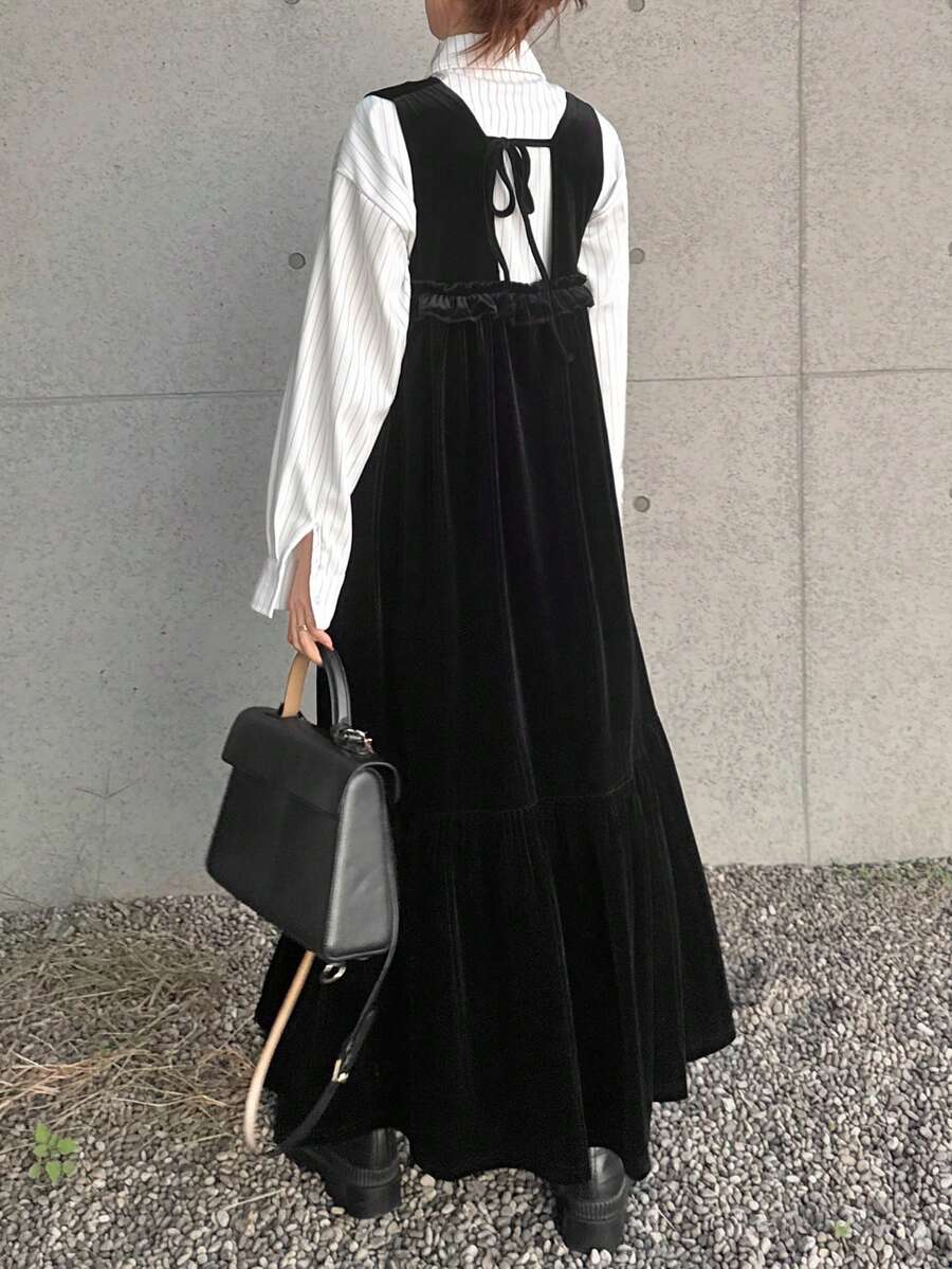 FRIFUL 女士纯黑色无袖露背镂空系带褶皱荷叶边连衣裙，秋冬长款连衣裙 - 黑色 - 查看 1