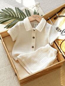 Vintaside Kids 2pcs Baby Boy Shirt & Shorts Set, Countryside Style, Special Textured Fabric, Comfortable Linen Blend, Versatile Casual Outfit - Apricot - View 3