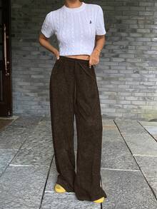 Livesso 女士休闲宽松直筒裤，棕色，格子条纹图案，商务休闲风，适合通勤，秋冬季穿着 - 棕色 - 查看 5