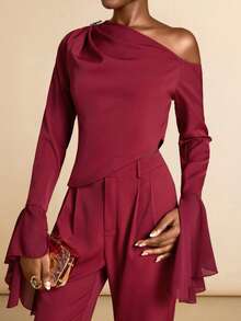 Vesra Women's Oblique Shoulder Top With Ruched Shoulder, Metal Decor & Ruffle Hem Asymmetrical Sleeve; Straight Leg Pants Set - Red - View 6