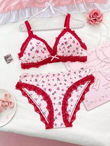 1 Set Delicate Lace Patchwork Comfortable Bra And Panty, 2pcs
