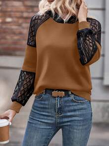 SHEIN LUNE 休闲撞色蕾丝拼接卫衣，秋季 - 彩色 - 查看 6