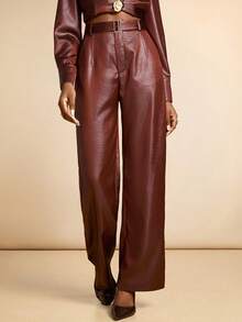 Lyxana Pantalones de mujer con textura asimétrica de cinturón de piel sintética y decoración de anillo en D - Óxido marrón - Ver 6