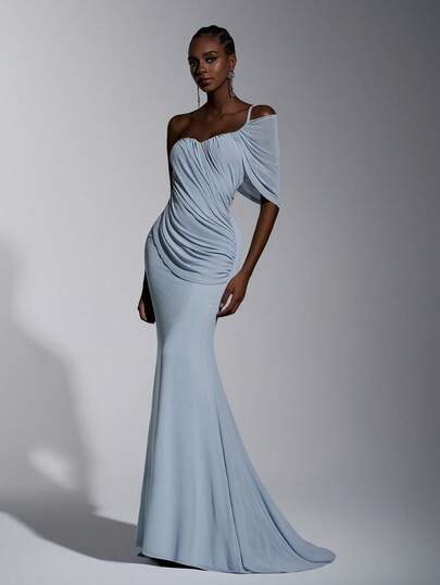 Elitara Elegant, Romantic, Fashionable Mist Blue Elastic Mesh Fabric Pleated Decor Fish Tail Hem Mini Train Dress, Suitable For Wedding Guest, Festival, Holiday, Birthday Party, Bridesmaid