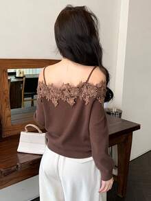 DAZY Women's Solid Color Embroidered Applique Long Sleeve Sweater - Brown - View 2