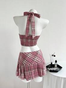 Elamini Bộ 2 món áo crop top hở lưng kẻ caro gợi cảm và chân váy mini xếp ly cho nữ, mùa hè - Hồng - Xem 2
