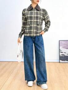 Chamarra afelpada para mujer lana con estampado de cuadros multicolor con cuello texturizado suave de moda casual y ligera para uso diario - Marrón - Ver 4