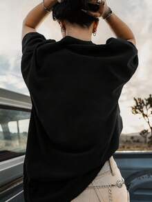 女士休闲日常通勤，美国国旗和字母印花圆领T恤 - 黑色 - 查看 2