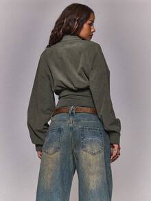 MUSERA Button Funnel Neck Detail Rib Cinched Waist Fitted Jacket Autumn Winter Fall Going Out Everyday Night Out Casual Cool Streetwear Washed Spring - Light Grey - View 4