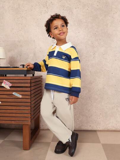  SUMWON Boys Striped Rugby Polo Long Sleeve Collared Top With Casual Drawstring Jogger Pants Two Piece Coordinated Outfit Set Vacation