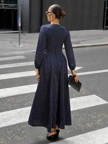 Siren Gaze Women's Boat Neck Lantern Sleeve Ruched Striped Dress Navy Blue Elegant Dress Vertical Stripe Dress Long Sleeve Elegant Dress Elegant Midi Dress Long Sleeve Dress Winter Evening Dress Boat Neck Dress Pinstripe Midi Dress Formal Midi Dress Naval Blue Dress Elegant Long Sleeve Dress Spring - Navy Blue - View 5