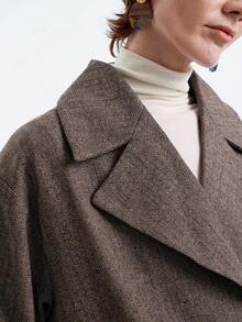 SHEIN Stylify 两件套女士人字纹厚面料超大翻领双排扣腰部弹力罗纹宽松阔腿长裤套装，法式复古办公室通勤商务休闲街头风简约复古套装，适合万圣节、圣诞节、感恩节、下午茶聚会、秋冬季等场合。 - 卡其色 - 查看 3