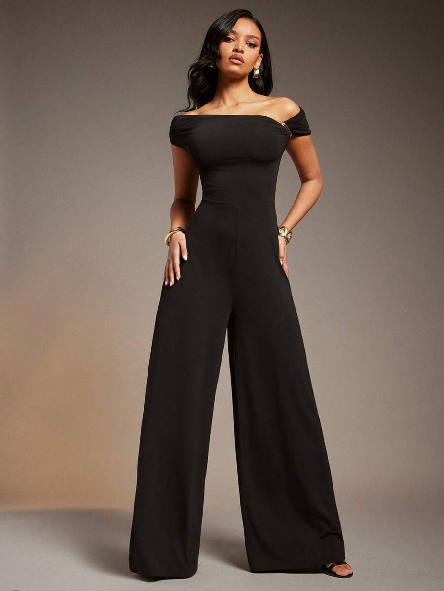 L'Amorae Combinaison asymétrique pour femmes avec épaules dénudées et bordure dorée. Tenue de bureau décontractée, de mariage et de travail - Noir - Voir 1