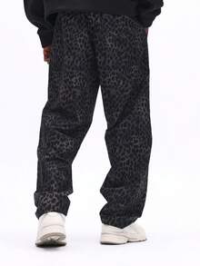 SUMWON 豹纹阔腿裤 动物纹休闲抽绳宽松长裤 街头时尚 秋冬宽松舒适家居服 - 黑色 - 查看 2