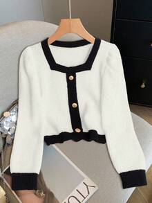 Franclia European & American Style Blogger Same Elegant Metal Buckle Contrast Color Square Collar Fitted Puff Sleeve Pullover Sweater - White - View 5