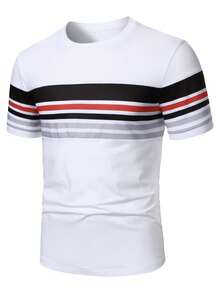 Manfinity Homme 男士条纹印花圆领休闲宽松T恤 - 彩色 - 查看 5