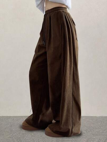 DAZY Women's Solid Color Drawstring Waist Wide Leg Loose Casual Pants