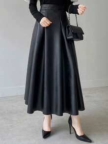 DAZY Women's Elegant High Waist A-Line PU Leather Skirt, Suitable For Commuting - Black - View 4