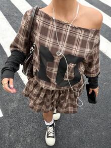 Muchica Brown Dress Loose Fashion Tie Waist Long Sleeve Plaid One Shoulder Mini Dress For Women