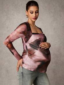 MaterniChic Maternity Elegant Printed Ruched Long Sleeve T-Shirt Maternity Tops Maternity Shirts For Women Pregnancy Shirts Maternity Long Sleeve Top Square Neck Maternity Top Breastfeeding Shirt - Multicolor - View 6