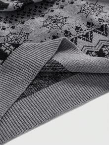 ROMWE Goth Áo len dệt kim họa tiết bộ xương và dơi cổ điển tối màu dành cho nữ, áo chui đầu cổ tròn dáng rộng thường ngày, mùa thu/đông - Xám - Xem 5