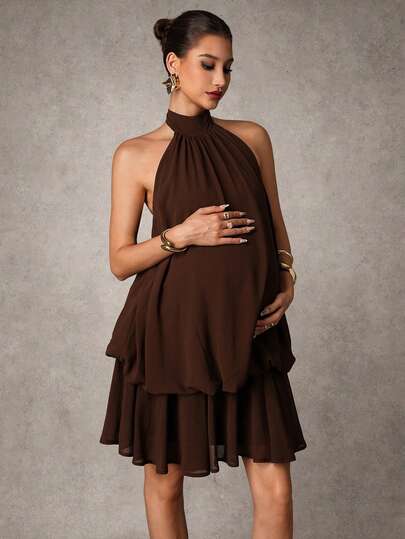 MaterniChic Maternity Solid Color Ruffle Hem Pleated Halter Neck Dress Elegant Dresses Baby Shower Dress Pregnancy Photoshoot Dress Brown Maternity Dress Pregnancy Dress For Photoshoot Chocolate Brown Dress Coffee Brown Dress Brown Dresses For Women Brown Short Dress Brown Wedding Guest Dress