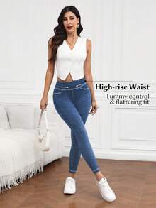 Flexra Women's High Waist Skinny Casual Versatile Jeans - Blue - View 3