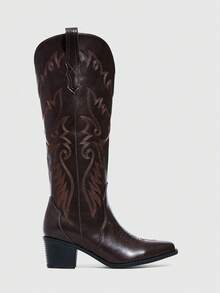 Daringsoles 方头低跟西部刺绣套穿式冬季保暖性感派对女士中筒靴，棕色PU皮革 - 咖啡棕 - 查看 2