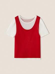 SHEIN Unity Blusa de punto para mujer, bloque de color rojo y blanco, blusa de punto minimalista de unicolor, uso casual de todos los días para damas, verano - Rojo - Ver 1
