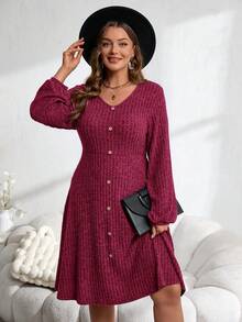 EMERY ROSE Abito midi da donna taglie forti con maniche a lanterna, decorato con bottoni, tessuto strutturato, abbigliamento autunnale per donna - Bordò - Visualizzare 5