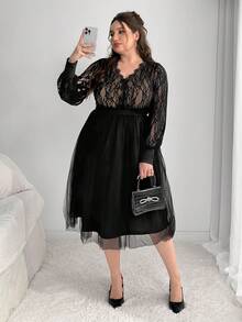 Enliva Christmas Plus Size Women Lantern Sleeve Midi Lace Dress/Autumn /Winter