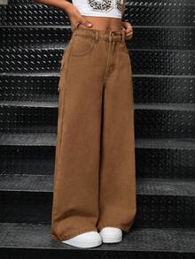 SHEIN 少女日常休闲星形贴布宽松阔腿牛仔裤 - 咖啡棕 - 查看 3