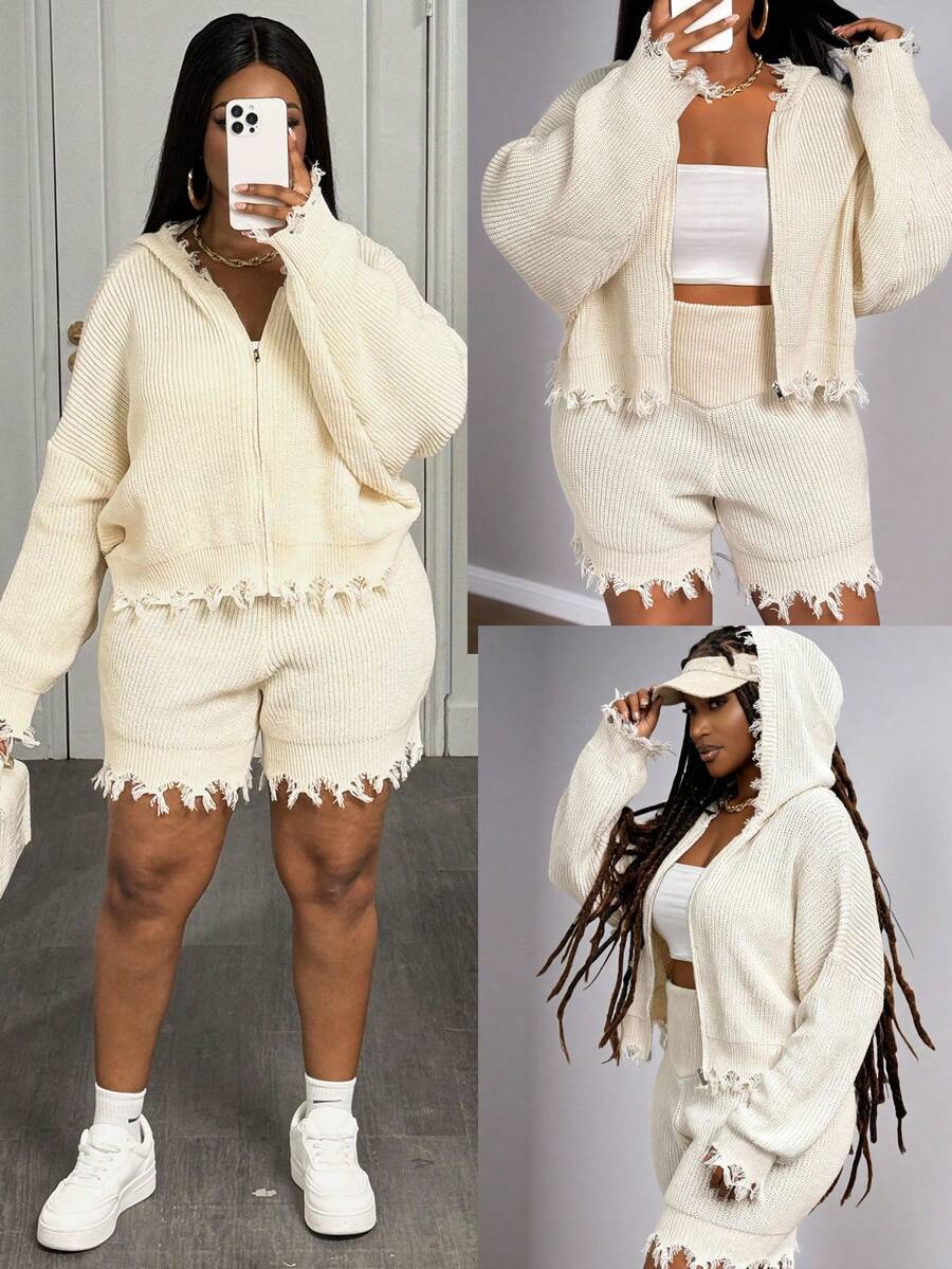 Slaydiva 2025 秋冬新品 纯色卡其色流苏连帽短裤针织套装 大码女装 - 卡其色 - 查看 1