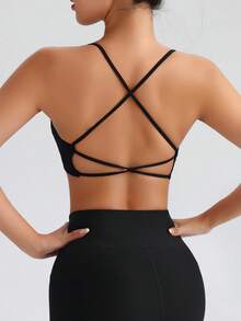 Velisys Velisys 2pcs/Set Women Solid Color Criss-Cross Strap Seamless Sports Bra, Sexy Open Back Design - Multicolor - View 2