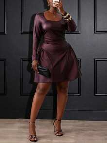 Slaydiva Elegant Autumn Dark Purple Long Sleeve Mini Dress,Night Out Club Party Event Fitted U-Neck Ruched Waist Hem Slit A-Line PU Coated Plus Size Burgundy - Coffee Brown - View 4