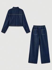 Maija Women's Denim Suit: Long-Sleeved Casual Shirt + Elasticated Casual Pants,Autumn/Winter Casual Two-Piece Set - Dark Wash - View 2