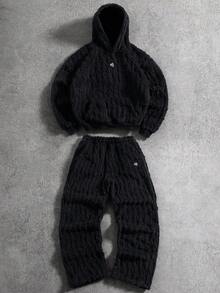 PAVTROS 男士休闲时尚街头刺绣抓绒连帽衫和裤子套装，秋冬款，街头风，宽松版型，男士，情侣装，印花图案，我爱我的男朋友，朋友，情侣装，男朋友 - 黑色 - 查看 1