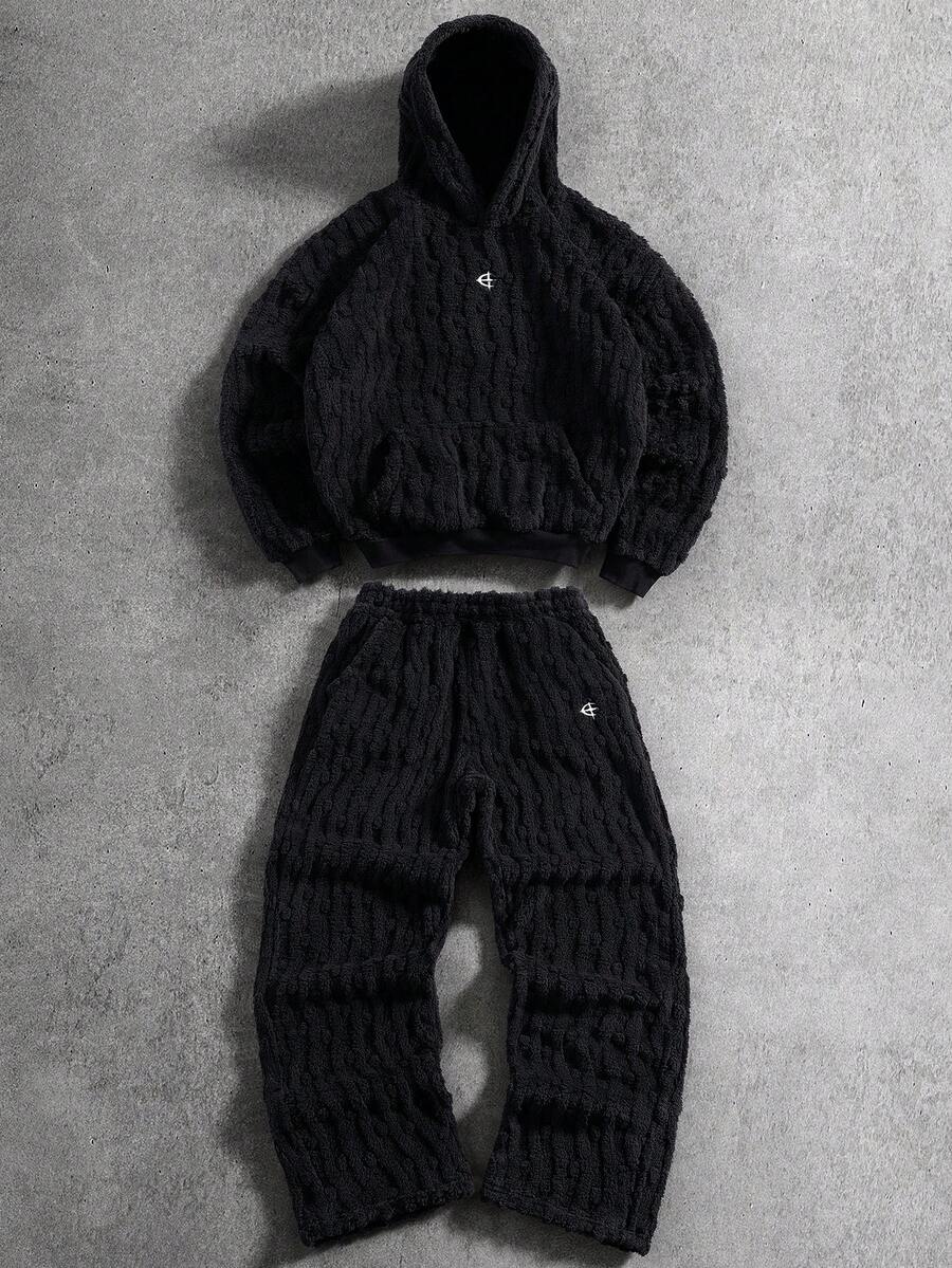 PAVTROS 男士休闲时尚街头刺绣抓绒连帽衫和裤子套装，秋冬款，街头风，宽松版型，男士，情侣装，印花图案，我爱我的男朋友，朋友，情侣装，男朋友 - 黑色 - 查看 1