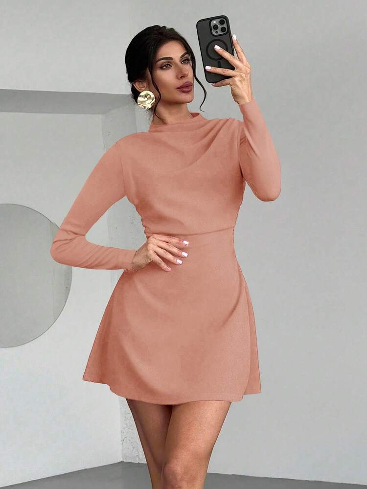 long sleeve a line mini dress Sheer Embellished A-Line in Deep Cocoa flared sleeves A Geneva Long Sleeve A-line Mini