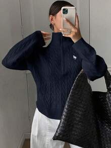 Livesso 新品秋季半拉链宽松休闲女式毛衣 - 藏蓝色 - 查看 4