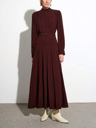 Aalyst Damen einfarbiges Kleid mit mittlerem hohem Kragen, vorderer Raffung, Taillenbindung mit Schnalle, elastischer Taille, plissierter A-Linie, Langarm, Kastanienbraun, eleganter französischer Retro-Street-Style, minimalistisch, vielseitig, geeignet für Winter, Halloween, Weihnachten, Thanksgiving, Nachmittagstee-Party, formelle Anlässe, Familientreffen