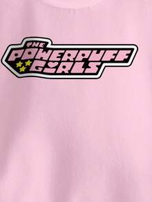 THE POWERPUFF GIRLS X SHEIN 女童休闲字母卡通图案撞色落肩宽松卫衣，秋季款 - 白色 - 查看 6