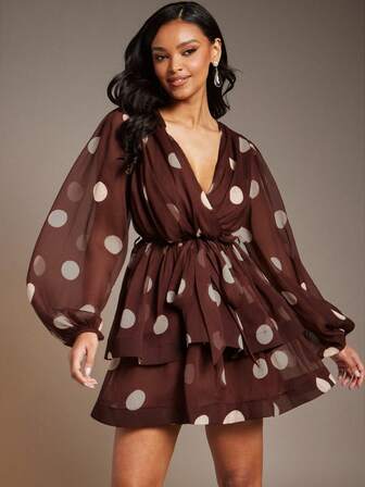 L'Amorae Women Long Sleeve Brown Polka Dot Mini Dress, Casual Wedding, Date Night, Valentines